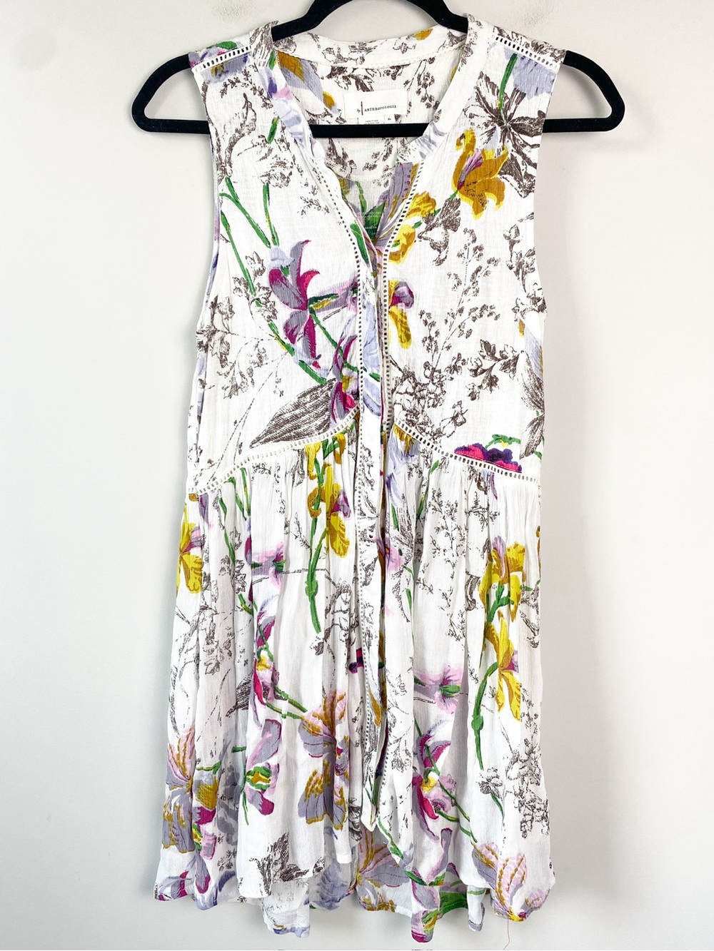 Anthropologie Womens Nia Floral Tunic Top XL White Layering Sleeveless Boho